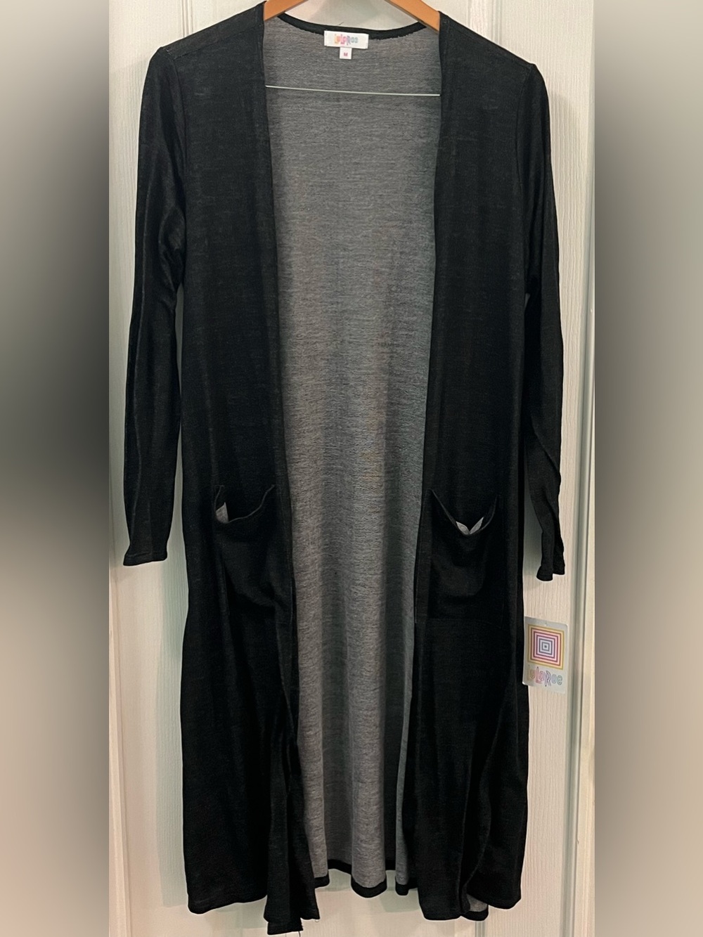 NWT LuLaRoe Sarah Size Medium Solid Black Open Front Knit Cardigan. Long length.